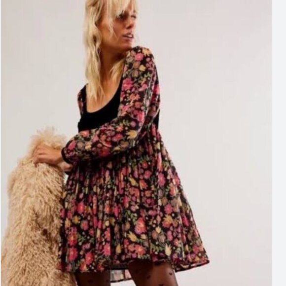 Free People Marsha Black Combo Floral Velvet Boho Mini Dress Size L NWT - Picture 3 of 13
